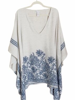 J. Jill Floral Linen Blend V-Neck Poncho Top - Cream & Blue